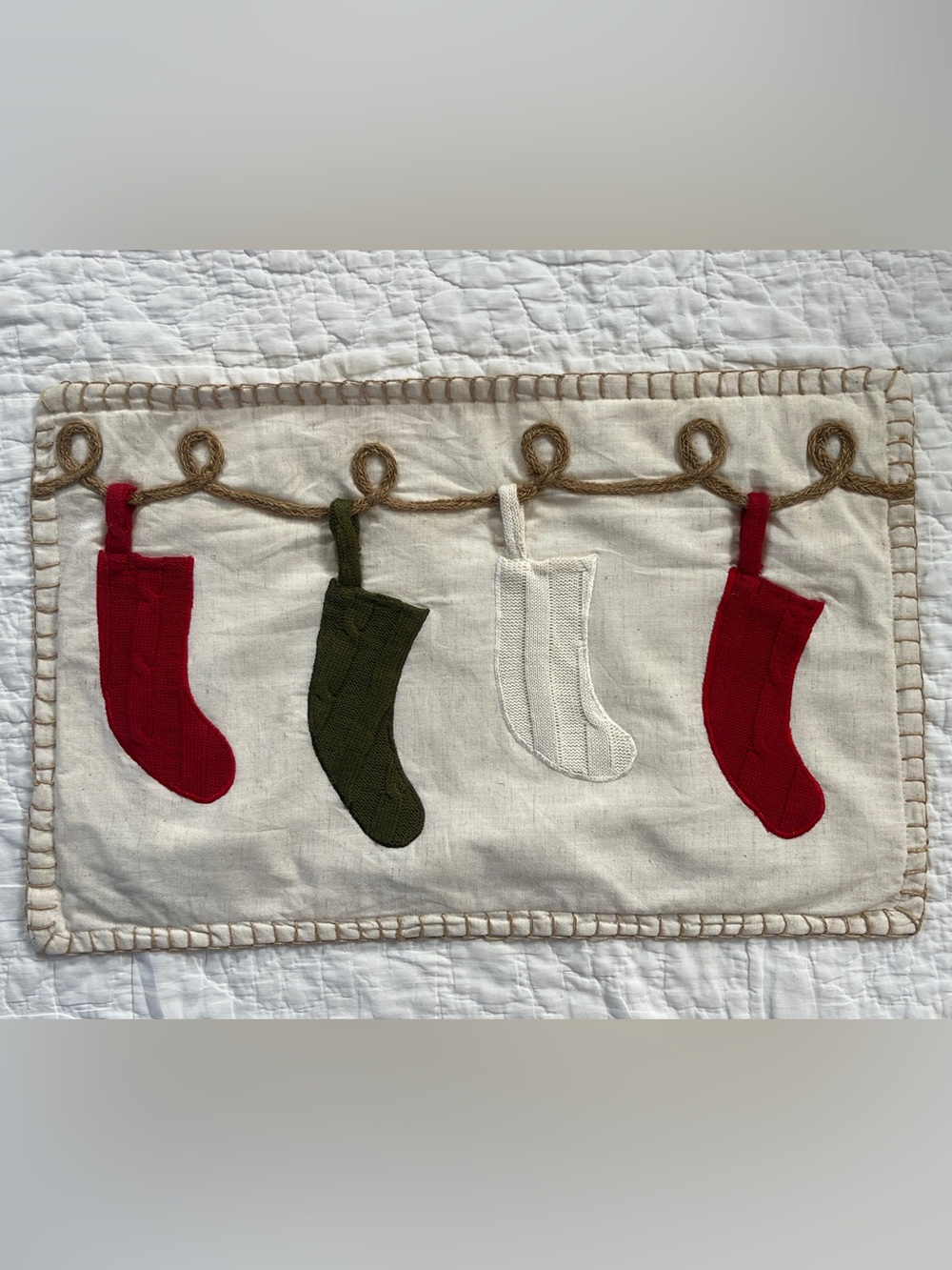 Pier 1 Imports Christmas Stocking Lumbar Pillow Cover 14x22 Appliqué Beige Rope